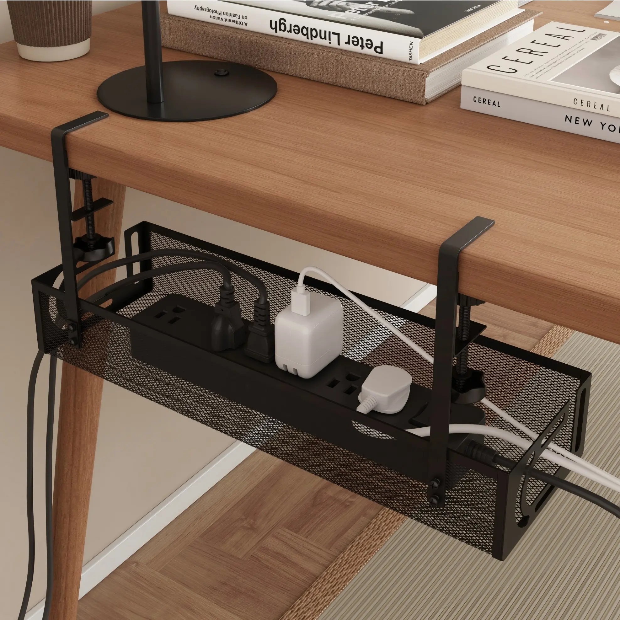 Adjustable Under Desk Storage Hanging Basket Punch-Free Socket Wire Organizer