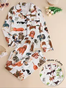 Two-piece Set Women's All Over Dog Print Lapel Neck Button Front Pajama Set, Casual Comfy Long Sleeve Top & Pants Pj Set, Women's Sleepwear for Spring & Fall