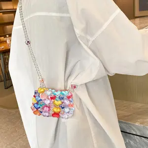 Women's Acrylic Crossbody Bag with Colorful Beaded Strap, Mini Shoulder Bag Heart Shaped Purse for Christmas Parties and Holiday Gifting