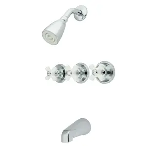Kingston Brass  Tub & Shower Faucet with Procelain Cross Handle & 3 Handles, Chrome