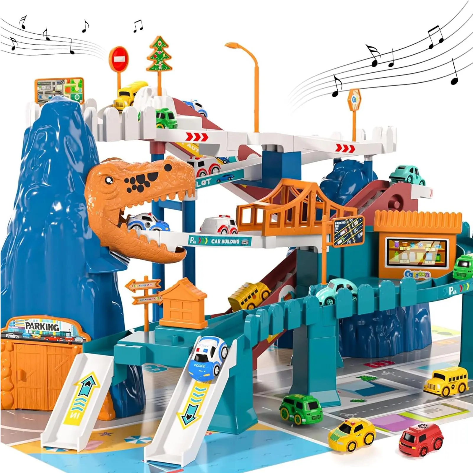 Unisex Plastic Dino Race Play Track Ramp Playset - Educational Mini Vehicle Set with 10 Cars to Race, Car Garage Parking Adventure Toy for 4-6 Years Kids' Development, Ideal 4-6 Years Old Birthday Christmas Gift Set