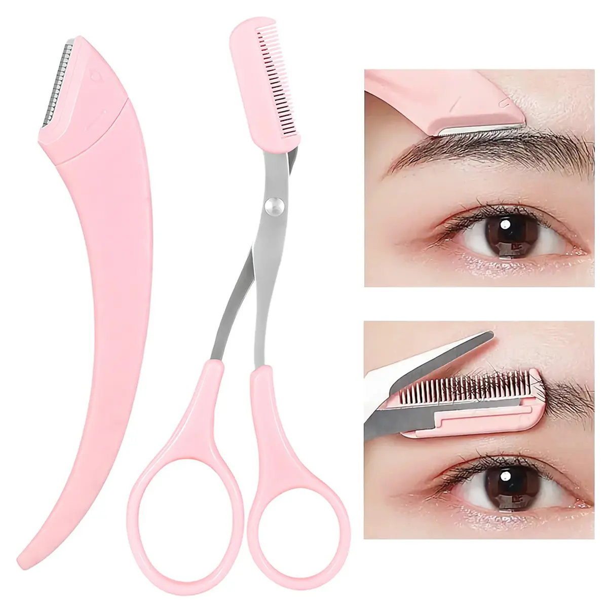 2-Piece Precision Grooming Kit - Stainless Steel Metal Trimmer with Curved Razor & Scissor-Comb for Smooth Shaping, Unisex Beauty Tool, Cosmetic Makeup Tool, Eyebrow Styling Kit, Groom Precisely, Adults, All Skin Types, Durable, Hair Removal, Eyebrow Tool