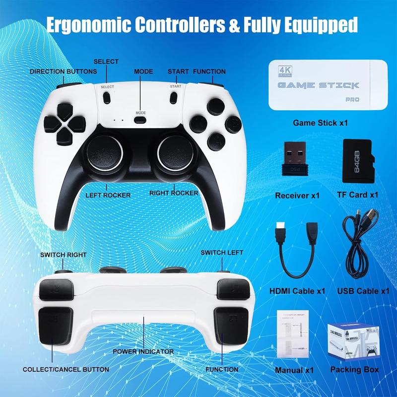Retro Gaming Console & Gaming Stick with 20,000+ Preloaded Games, 4K Ultra HD & Dual Wireless Controllers — Plug & Play for Family Fun, 64GB Memory