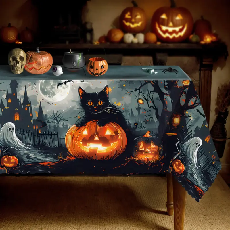Gothic Black Halloween Aesthetic Spooky Cat All Over Print Polyester Rectangle Tablecloth - Easy Clean Overlay Table Cover, Party Decoration Supplies, Festival Decorations, Indoor-Outdoor Home Use
