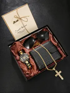 5pcs Watch Gift Set, Luxurious Gold Watches, Fashion Glasses, Necklaces, Wallets, Perfect for Men, Father's Day Gifts, Accessory Set