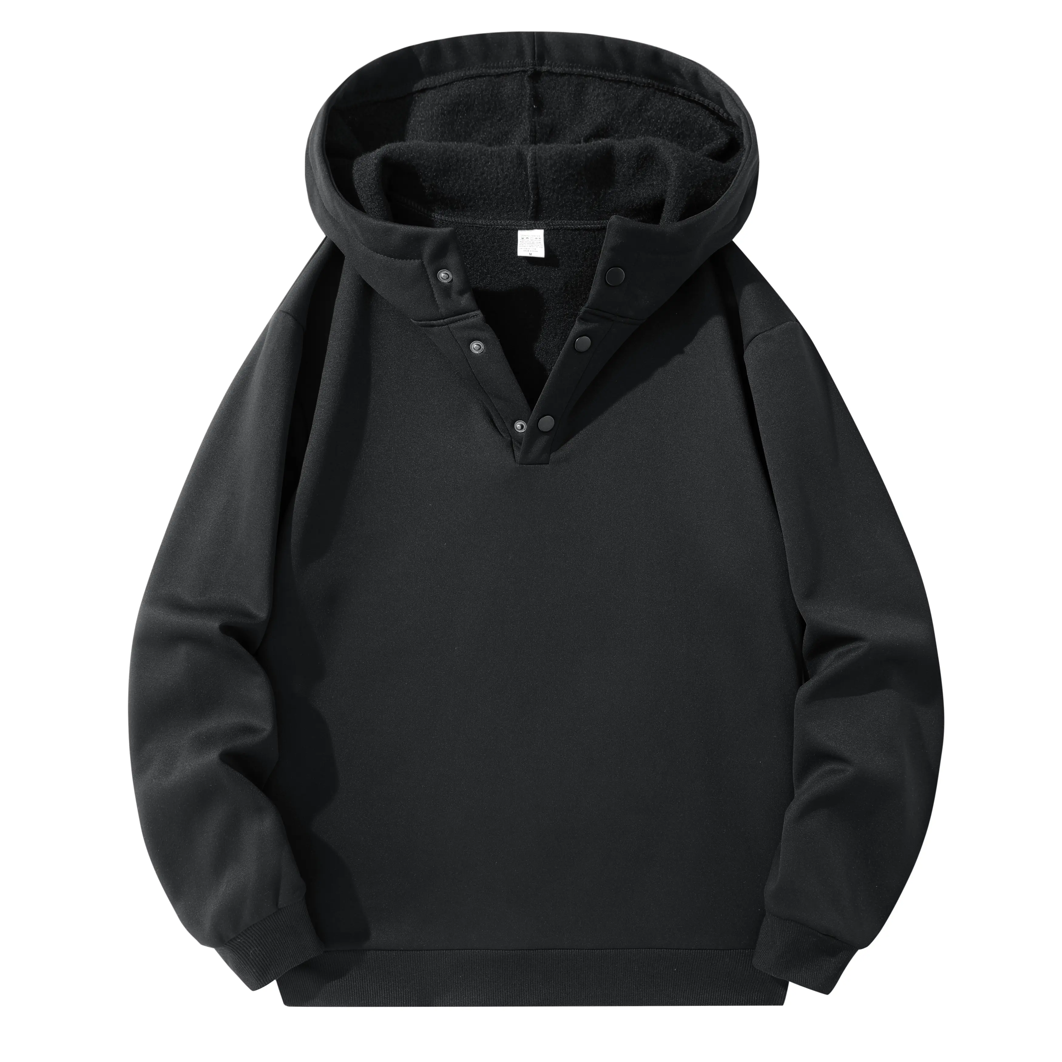 Men's Henley Hoodie with Buttons, Fleece-lined, Solid Color, Long Sleeve, Casual Pullover Sweatshirt