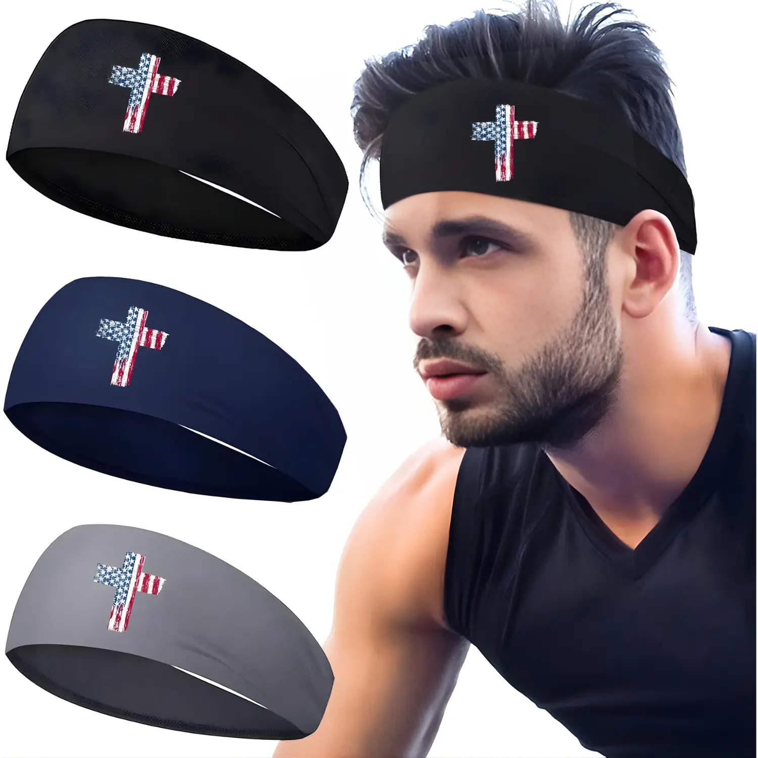 3 Pack Faith Christian Cross USA Flag Sports Headbands for Men and Women Cooling Sweatbands for Workout Running Fitness