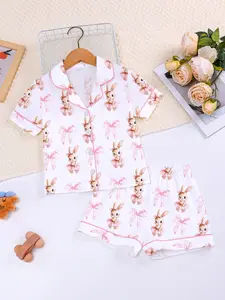 Easter Bunny Print Kids Fire Retardant Fabric Sleepwear Set, Cute Casual Party Pajamas, Short Sleeve Open Front Top and Loose Elastic Shorts