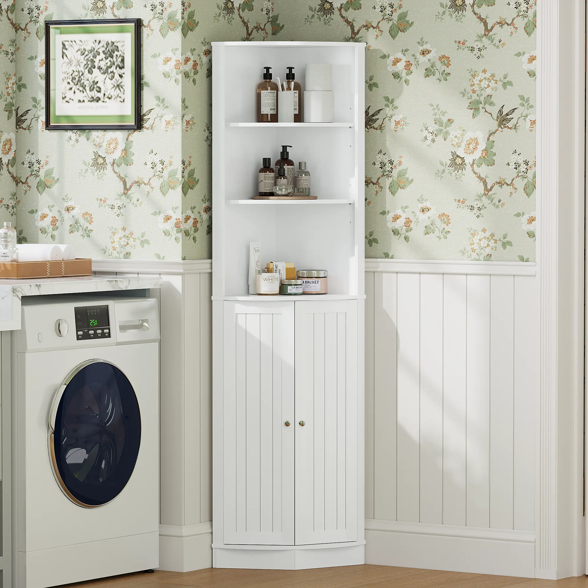 White 67" Tall Narrow Freestanding Corner Storage Organizer - 2 Doors, Adjustable Shelves, Compact Midsize Concealed Adjustable Storage Cabinet for Bathroom, Kitchen, Adjustable Storage Cabinets, Compact Midsize Cabinets