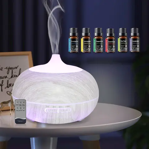 550ml Plastic Aromatherapy Machine - Wood Grain Humidifier with Remote Control, 6 Essential Oils, 7-Color LED Night Light Sleep Aid, Anxiety Relief, Bathroom Room Gadget, Halloween Christmas Gift for Him