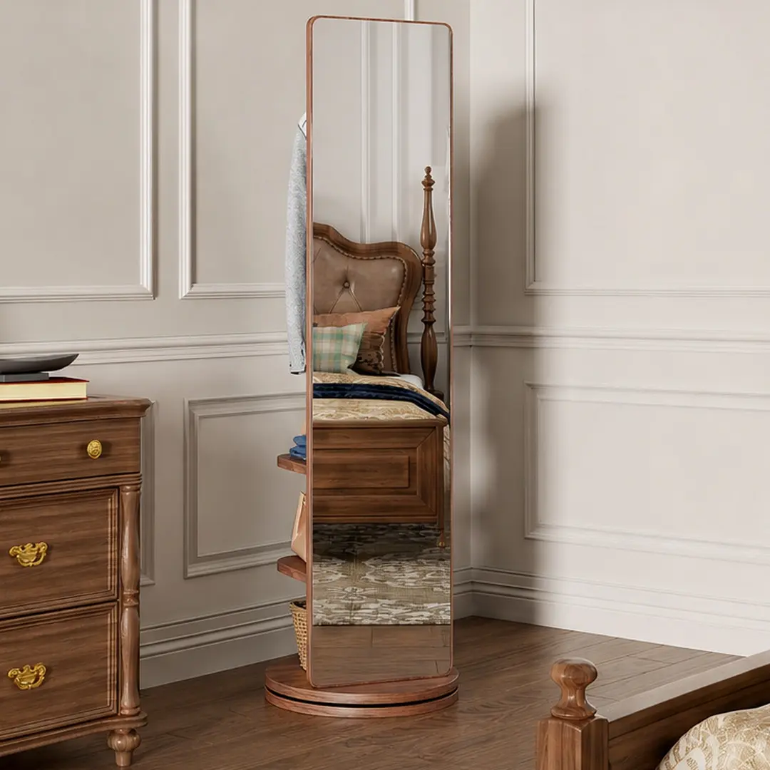 ARCH 66x17.8in Full Length Mirror with Coat Rack, 360° Rotating Floor Mirror with Hooks, Solid Wood Frame, Walnut Finish, Multifunctional Standing Mirror for Bedroom, Living Room, Cloakroom, Space Saving, Walnut Color Options, Mirror Material