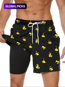 Men's Cartoon Duck Print 2 in 1 Drawstring Beach Shorts, Casual Pocket Swim Shorts for Beach Vacation, Men's Swimwear for All Seasons, Swimming Trunks