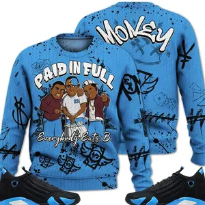 14 University Blue Outfits, Black University Blue 14s Ugly Sweater, Money Paid In Full Streetwear Unisex Sneaker Matching Shirts
