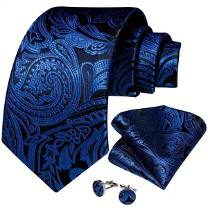 Novelty Paisley Necktie, Silvery Ring Blue Trendy Tie Hanky Cufflinks Boutonniere Set For Men, Business Party, Ideal choice for Gifts