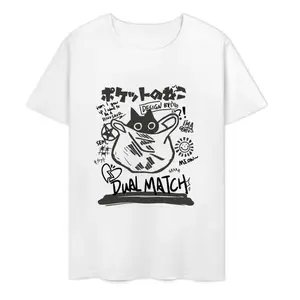 Summer Japanese Retro Pocket Cat Cartoon Printed Short Sleeve T-shirt Male Female Couples Unisex College Style Oversized Top