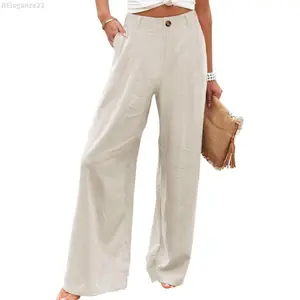 Womens Cotton Linen Pants Casual Button Up High Waisted Wide Leg TrousersAEleqanza22