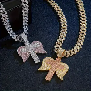 Sparkling Guardian Angel Wings Cross Pendant, Cuban Chain Necklace with Rhinestones, Best Gift for Family and Friends