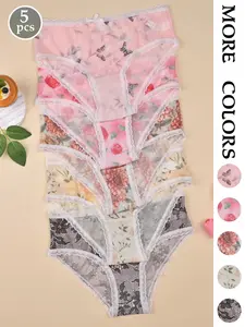 Women's Floral Pattern Breathable Soft Mesh Panties (5 Pack), Lace Trim Butterfly Knot Design, High Elasticity Fit, Cute & Elegant, Contrast Lace Panty