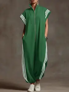 Women's Casual Striped Jumpsuit, Short Sleeve Drop Waist, Comfortable Soft Fabric, Fashionable Vacation Style, All Seasons Wear