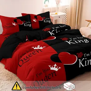 3-Piece Letter Heart Print Bedding Set (1 Duvet Cover + 2 Pillowcases), No Filling , Comfortable and Durable, Home Essential