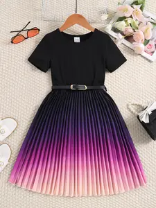 Girl's Ombre Print Belted A Line Pleated Dress, Elegant Fashion Casual Round Neck Dress for Daily Outdoor Wear, Girls Dress for Summer, A Line Dresses