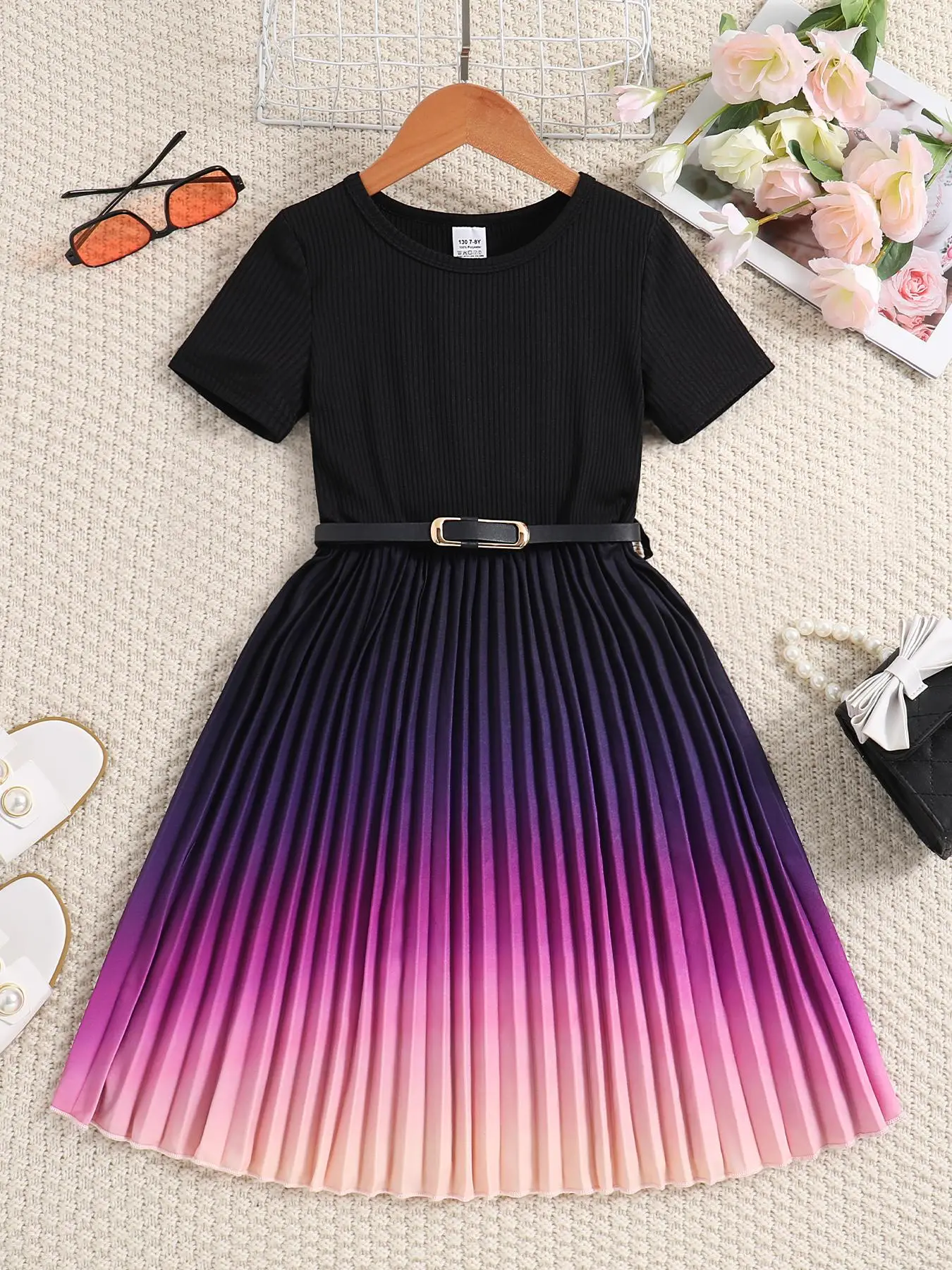 Girl's Ombre Print Belted A Line Pleated Dress, Elegant Fashion Casual Round Neck Dress for Daily Outdoor Wear, Girls Dress for Summer