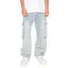 VICTORIOUS ANCHOR Men's Thick Heavy Denim Baggy Wide Leg Utility Style Cargo Jeans, Plain, Flap Closure Pockets, Cotton, Streetwear, Casual, Handles Daily Wear