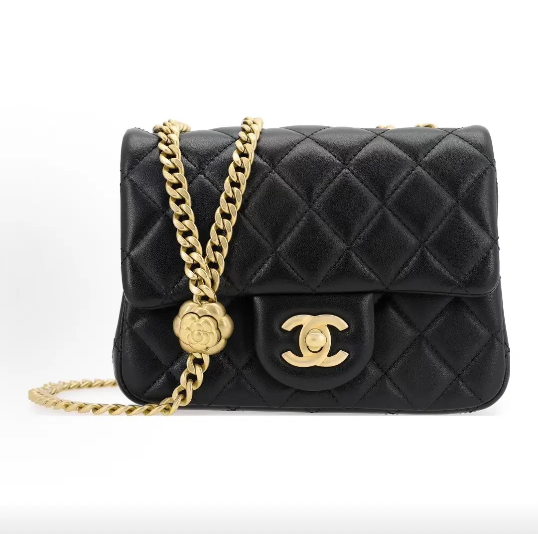 Pre-owned CHANEL Mini Square Flap Bag 23S Series, Black Quilted Lambskin, Camellia Adjustable Buckle CF Shoulder Crossbody Bag with Vintage Gold Hardware