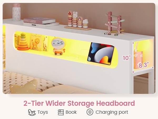 ADORNEVE Twin Corner Bed Frame with Bookcase Storage & LED Light Headboard, Charging Station, Metal Daybed with 3 Drawers & 2 Open Cubbies, for Small Bedrooms ADORNEVE Twin Corner Bed Frame with Bookcase Storage & LED Light Headboard, Charging Station, Metal Daybed with 3 Drawers & 2 Open Cubbies, for Small Bedrooms