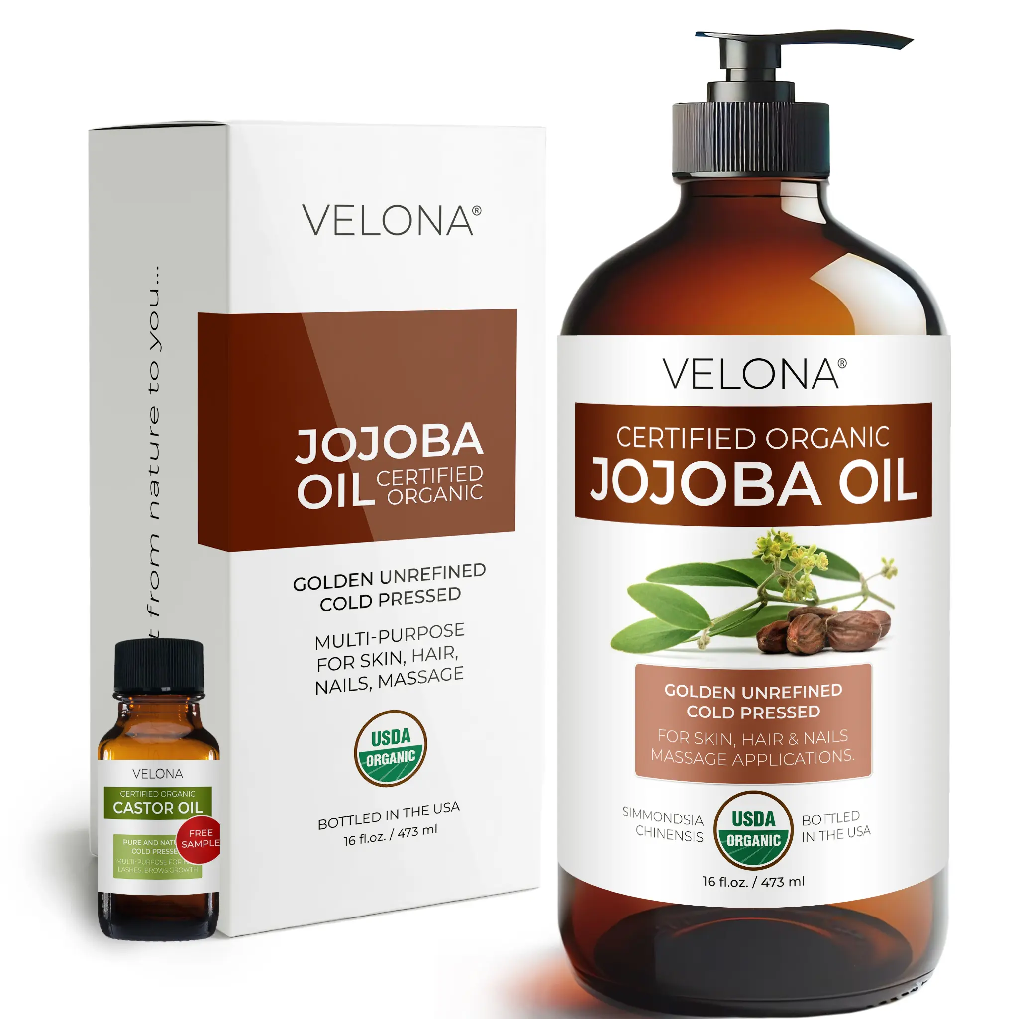 velona USDA Certified Organic Jojoba Oil - 16 Fl Oz in Glass Bottle | 100% Pure and Natural | Golden, Unrefined, Cold Pressed, Hexane Free Cosmetic