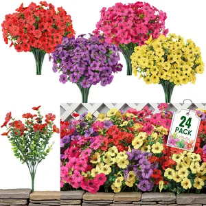 24 Bouquets Artificial Flowers, Plastic Outdoor Indoor Garden Home Decor, Front Door Porch Courtyard Balcony, Summer Spring Daisy Eucalyptus Fake Plants, 4 Colors, Decorative