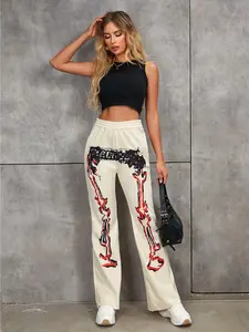 Really Cool Distressed Skeleton Printed Sweats with Pockets Wide Leg Pants Womenswear