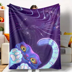 Galaxy Cat Flannel Blanket Vibrant Cosmic Kitty Print Ultra Soft Warm Cozy Lightweight Plush Throw Perfect for Sofa Bedroom Office Decor Gift Relaxation Movie Nights