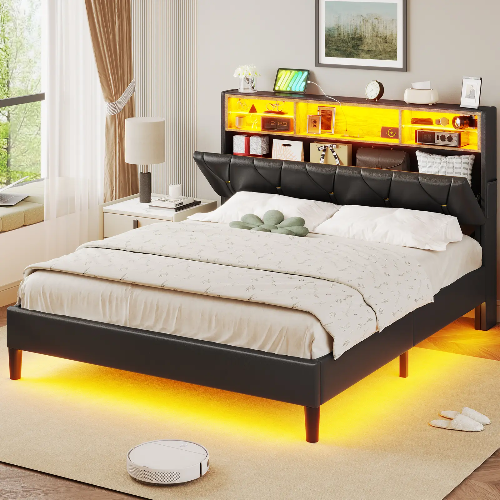 ADORNEVE Full Size Bed Frame with Led Lights and Storage Headboard, LED Bed Frame with Charging Station, Velvet Upholstered Platform Bed Frame Full Size with Shelf Headboard, Noise-Free