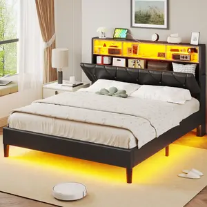 ADORNEVE Full Size Bed Frame with Led Lights and Storage Headboard, LED Bed Frame with Charging Station, Velvet Upholstered Platform Bed Frame Full Size with Shelf Headboard, Noise-Free