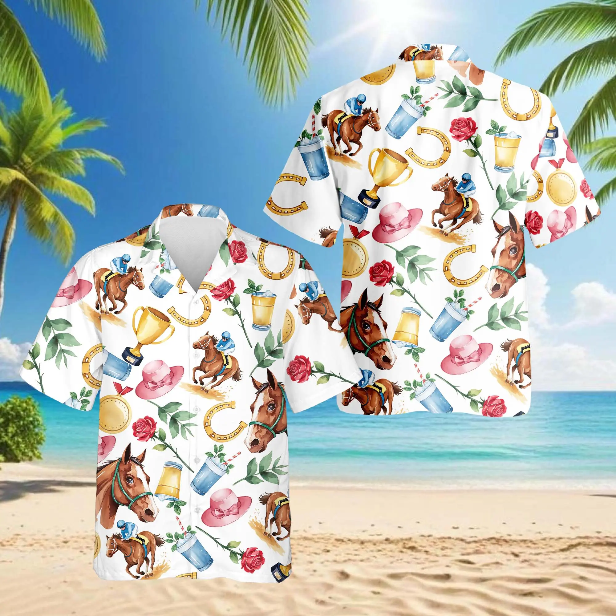 Kentucky Derby Hawaiian Shirt, Horse Racing Floral Aloha Shirt, Derby Party Outfit for Men, Button Down Short Sleeve Pattern Hawaiian Shirt