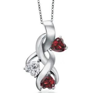 Gem Stone King 925 Sterling Silver Lab Grown Diamond and Red Garnet Pendant Necklace for Women | 1.64 Cttw | Gemstone April Birthstone | Heart Shape 5MM | With 18 Inch Chain