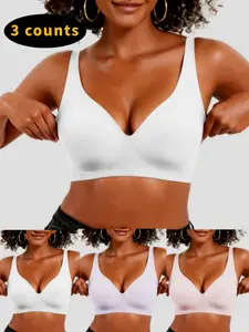 Pack of 3 Jelly Wireless Womens Underwear Comfortable Fit Casual Wireless Bras Push Up Bralettes Seamless Tshirts Bras Deep V Everyday Bras