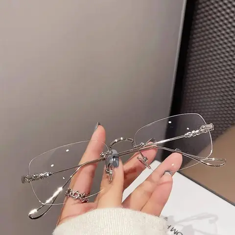 Luxurious Silver Color Frameless Glasses, Transparent Frame Fashionable All Seasons, Anti-Blue Light Party Style Metal Frame, Stylish Glasses
