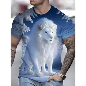 Men's 3D & Lioness Cub Print T-Shirt - White Mane & Blue Sky Clouds Design, Short Sleeve Round Neck Casual Shirt, Machine Washable All-Season Wear, Animal Theme for Parties & Everyday Outfits (Regular Fit)