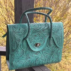 Large Hand Tooled Genuine Leather Purse with Intricate Floral Embossing Tote
