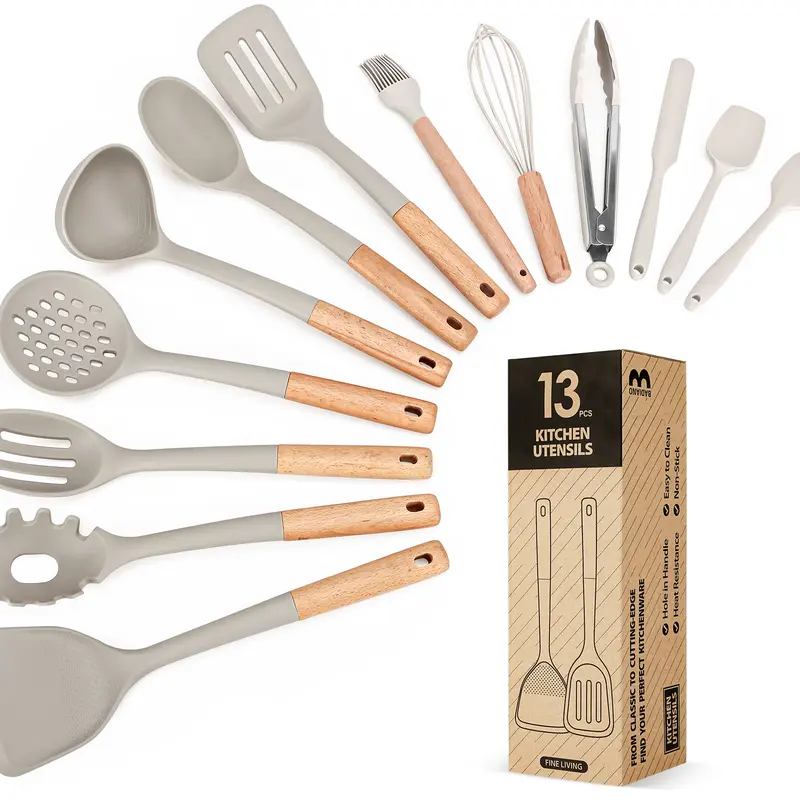 BADIANO Kitchen Utensils Set, 13PCS Silicone Cooking Utensils, Heat Resistant Kitchen Utensil Spatula Set for Nonstick Cookware, Wooden Handles Kitchen Gadgets Tools Set