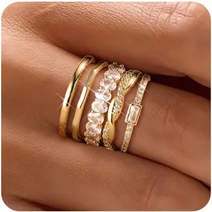 Women's 14 Karat Gold Plated Cubic Zirconia Minimalistic Stackable Rings Set - Non-Tarnish, Waterproof Thin Silver Bands, Dainty Trendy Statement Jewelry, Sizes 5-10, Everyday Wear Accessories