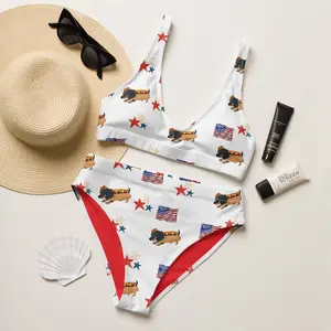 4th of July Bikini Set Women High Waist 2 Piece Swimsuit Dachshund Hot Dog American Flag Star Print Patriotic Beach Summer Vacation Loose Comfy Bathing Suit USA