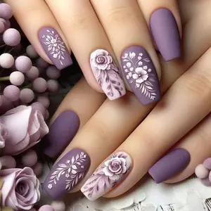 Curvlife medium coffin-ballerina floral acrylic press on nails purple matte patterns-prints for springstick on nails easy apply nail art