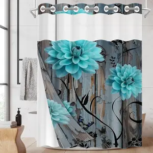 1PC/4PCS 2D Flat Printing Blue Flowers, Butterflies on Wood Grain Background Patterned Removable shower curtain, home bathroom decor, shower curtain set with 12 hooks, non-slip bathroom rug, U-shaped toilet seat cover, toilet seat mat.