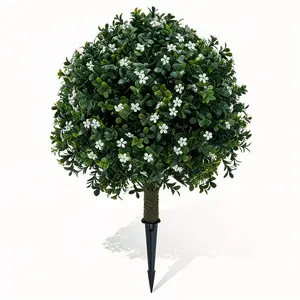 Set of 2 Artificial Boxwood Topiary Ball with Pink Flowers, 24 Inch Faux Greenery Shrub with Ground Spike, UV Resistant Fake Bush for Front Porch Garden Outdoor Planters Decor