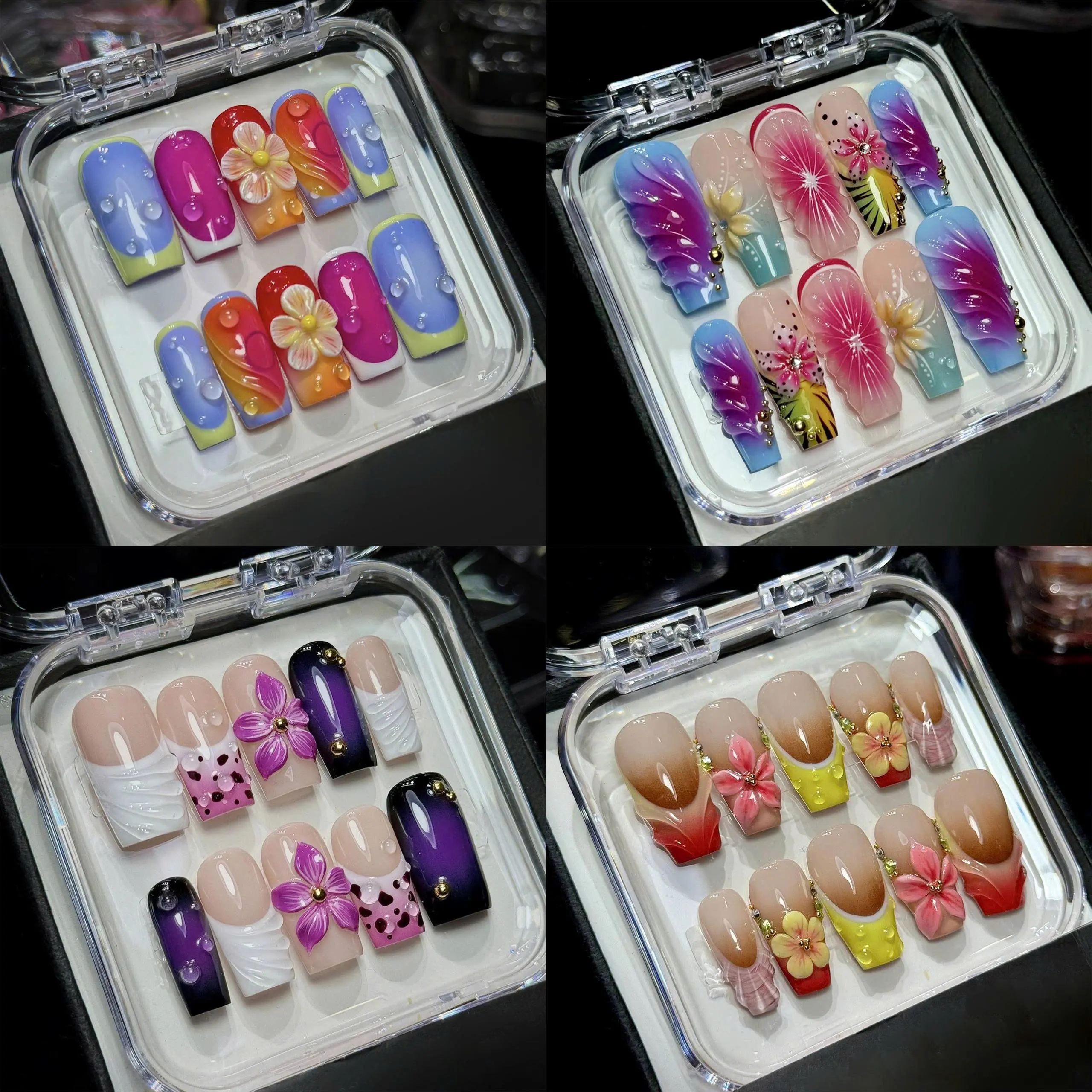 Spring Bloom Flower Press-On Nails, 3D Floral Art, Soft Pastel & Gradient Colors, Handmade Luxury Nail Set for Spring, Dates, Gift For Her