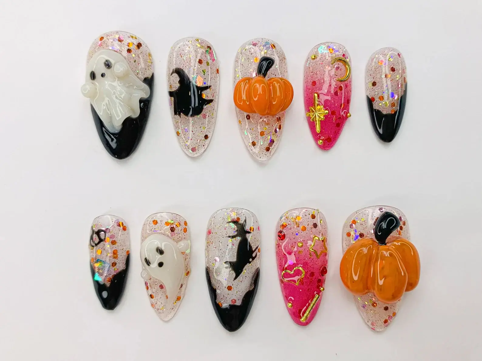 Spooky Halloween Press-On Nails, 3D Glitter Nail Art with Ghost-Pumpkin-Witch-Star Accents for Halloween Party