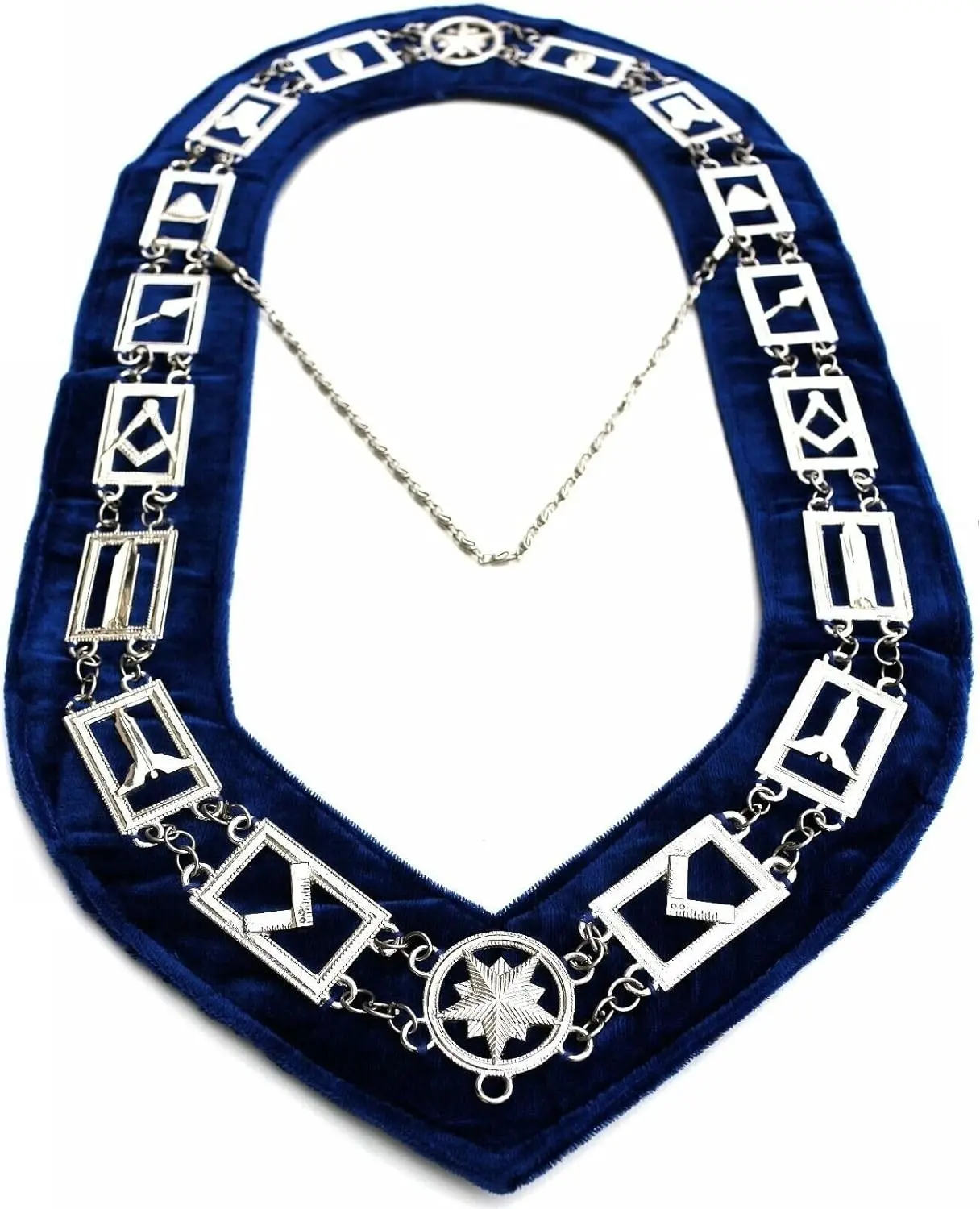 Masonic Blue Lodge Working Tools Chain Collar Silver Plated Dark Blue Velvet Backing